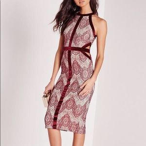 Missguided Velvet Binding Lace Midi Dress Burgundy